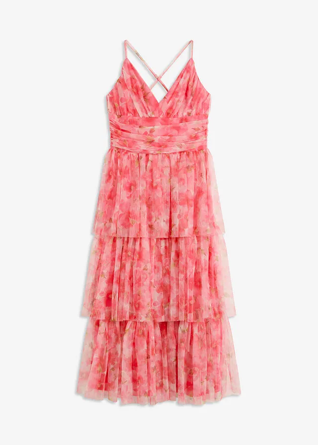 Vestido midi de tul fino con volantes