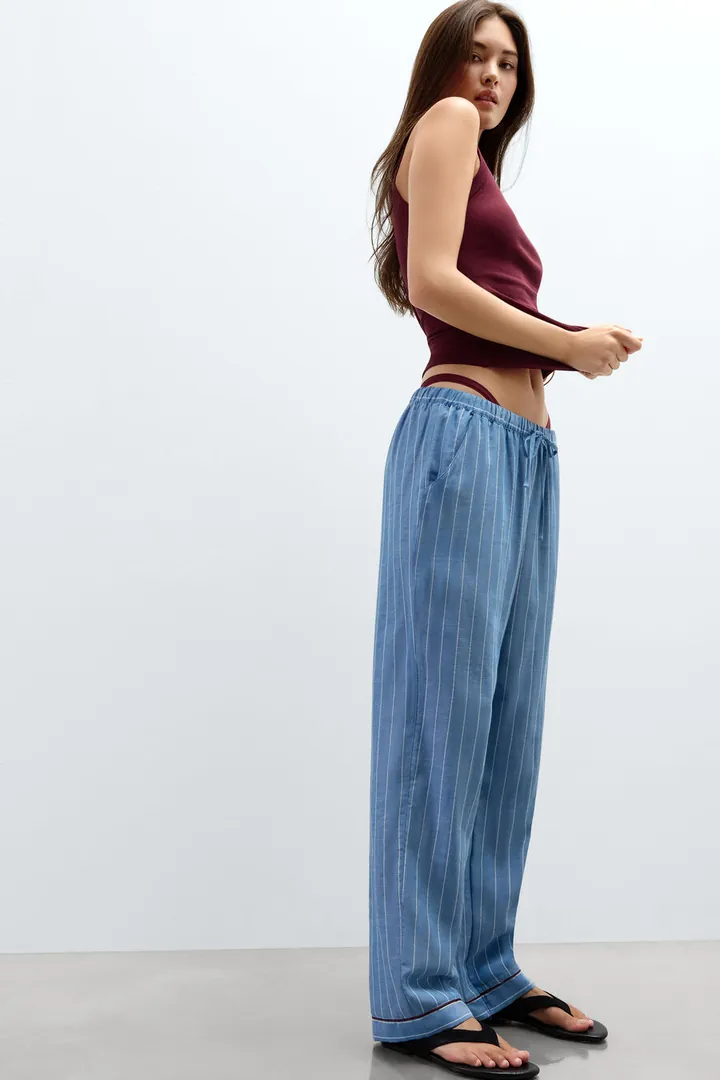 Intimissimi Pantalones de Tela de Algodón Doble Preppy Stripes Mujer Azul Tamaño L