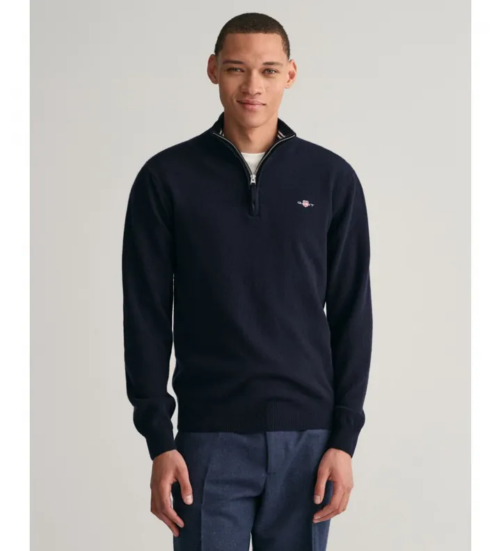 Gant para hombre. 87213 Jersey de lana de oveja muy fina con media cremallera marino (L), Casual, Clásico