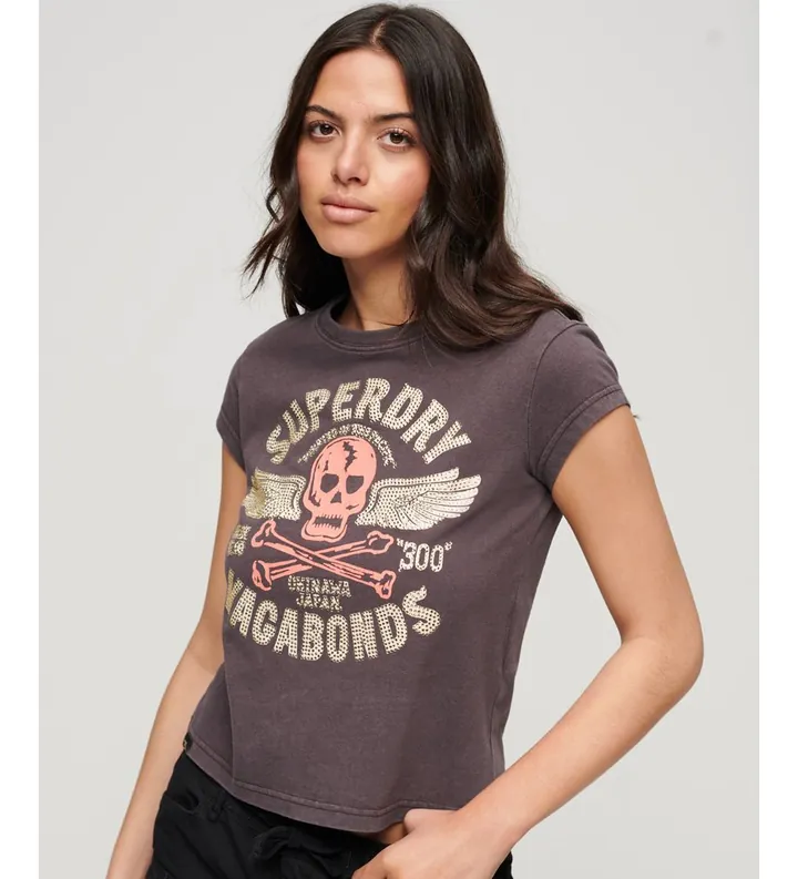 Superdry para mujer. W1011391A Camiseta De Manga Casquillo Con Adornos gris (S), Casual, Algodón, Manga corta