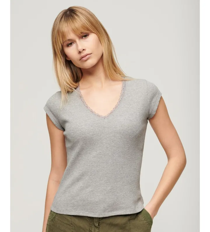 Superdry para mujer. W6011874A Camiseta con ribete de encaje Athletic Essential gris (L/XL), Casual, Algodón, Sin mangas / Tirantes