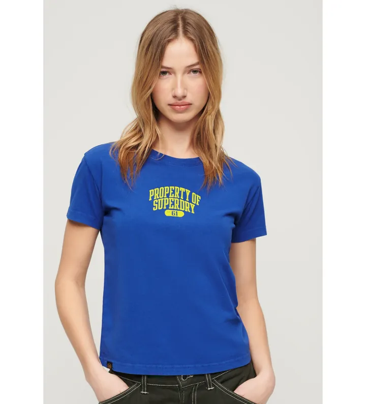 Superdry para mujer. W1011420A Camiseta ajustada Super Athletics azul (M), Casual, Algodón, Manga corta