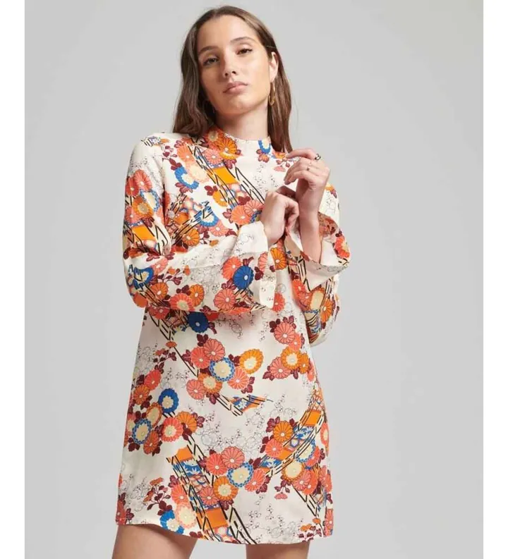 Superdry para mujer. W8011410A Minivestido de manga larga estampado blanco (M), Casual, Viscosa