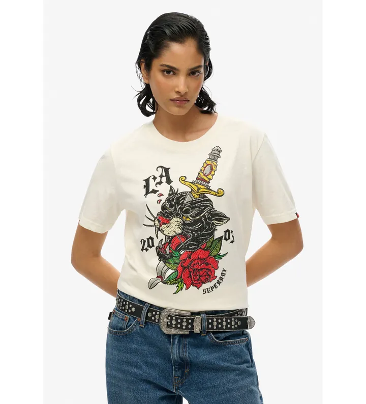 Superdry para mujer. W1011607A Camiseta de corte relajado con motivo de tatuaje Neo Trad blanco (L), Casual, Algodón, Manga corta