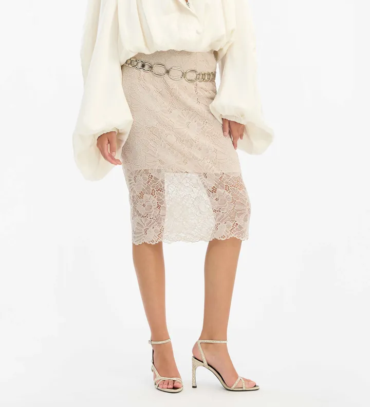 Rotate para mujer. 1156262059 Falda Lace Midi Pencil beige (36), Casual, Poliéster Reciclado, Sostenible