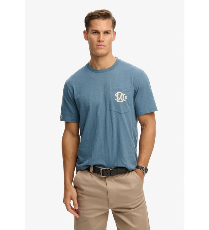 Superdry para hombre. M1012381A Camiseta Merchant Graphic Pocket azul (L), Casual, Algodón, Manga corta