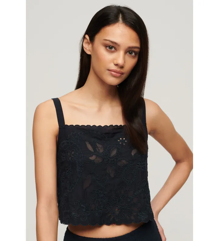 Superdry para mujer. W6011864A Camiseta de tirantes bordada Ibiza marino (M), Casual, Algodón, Viscosa, Sin mangas / Tirantes