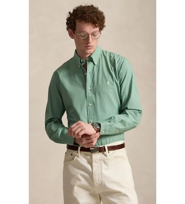 Polo Ralph Lauren para hombre. 710929349504 Camisa de popelina elástica Custom Fit verde (L), Casual, Algodón, Manga larga