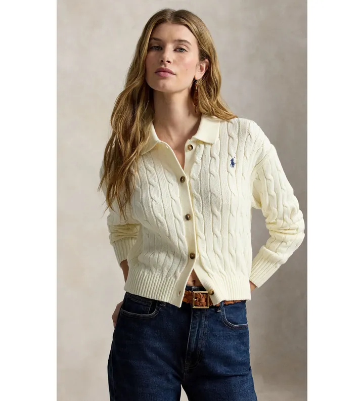 Polo Ralph Lauren para mujer. 211B30509001 Cárdigan de algodón en punto de ochos blanco roto (L), Casual
