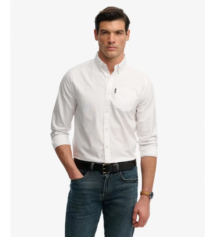 Superdry para hombre. M4011210A Camisa Essentials Oxford blanco (L), Casual, Algodón, Manga larga