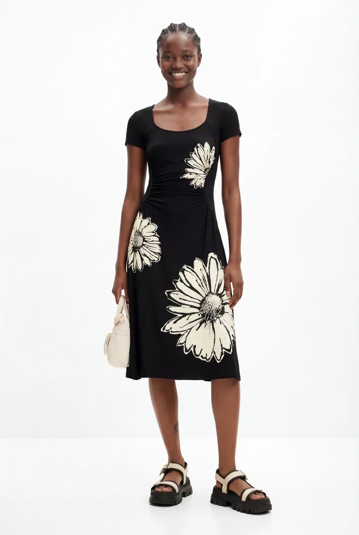 Desigual, Vestido midi de manga corta con escote y margaritas, Viscosa, Negro, S