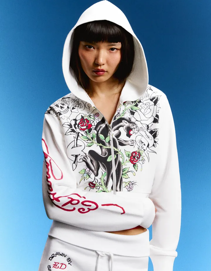Bershka Sudadera Capucha Print Ed Hardy X Bershka Mujer L Blanco Roto