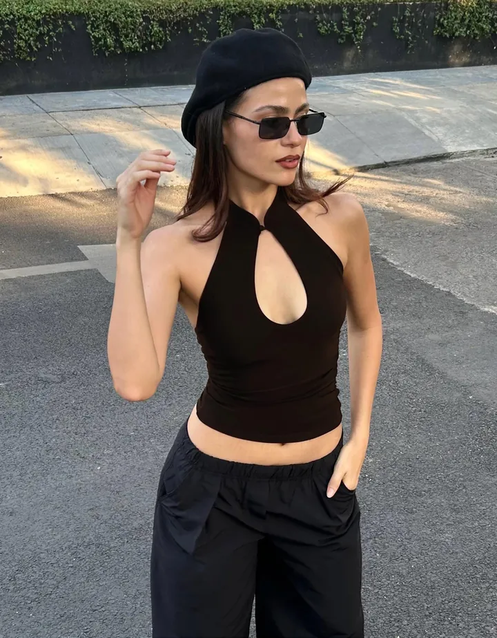 Bershka Top Halter Escote Abierto Mujer L Negro