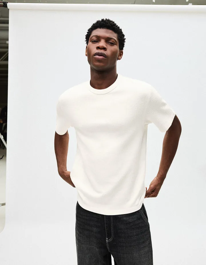 Bershka Camiseta Manga Corta Textura Hombre L Blanco Roto