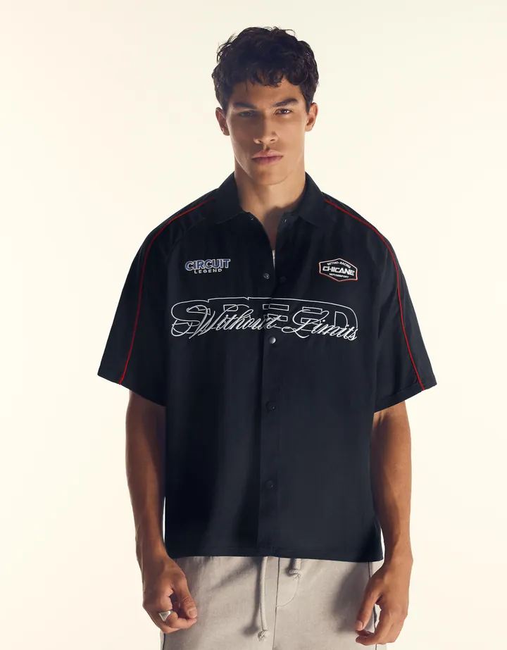 Bershka Camisa Manga Corta Racing Hombre L Marino