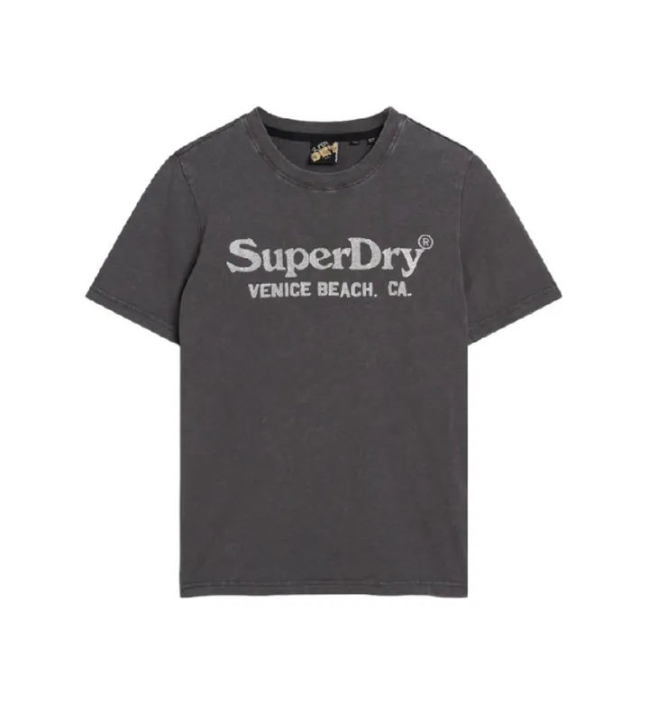 Superdry para mujer. W1011403A Camiseta con acabado metalizado gris (XS), Casual, Algodón, Manga corta