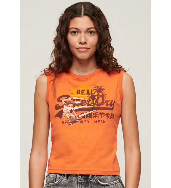 Superdry para mujer. W6011884A Camiseta ajustada con logotipo LA Vintage naranja (L), Casual, Algodón, Sin mangas / Tirantes