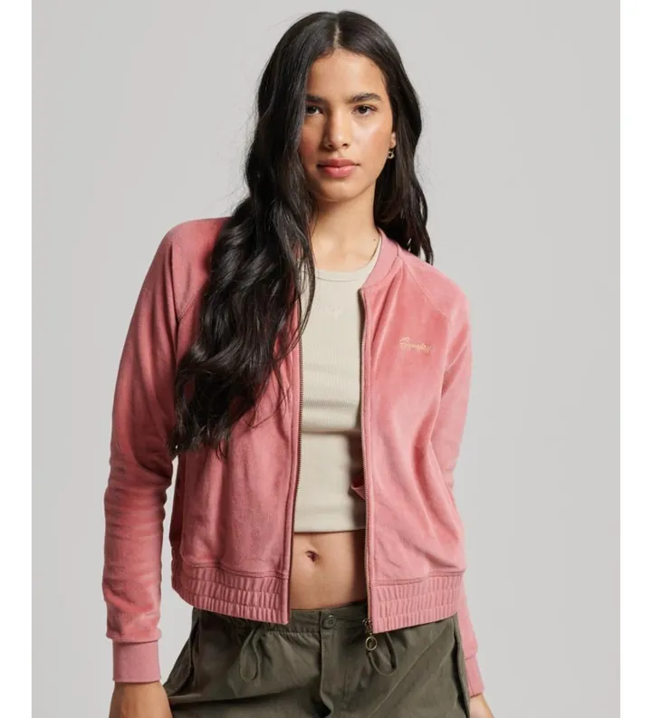 Superdry para mujer. W2011936A Chaqueta de béisbol de terciopelo con cremallera y bordado rosa (L), Casual, Algodón, Sostenible