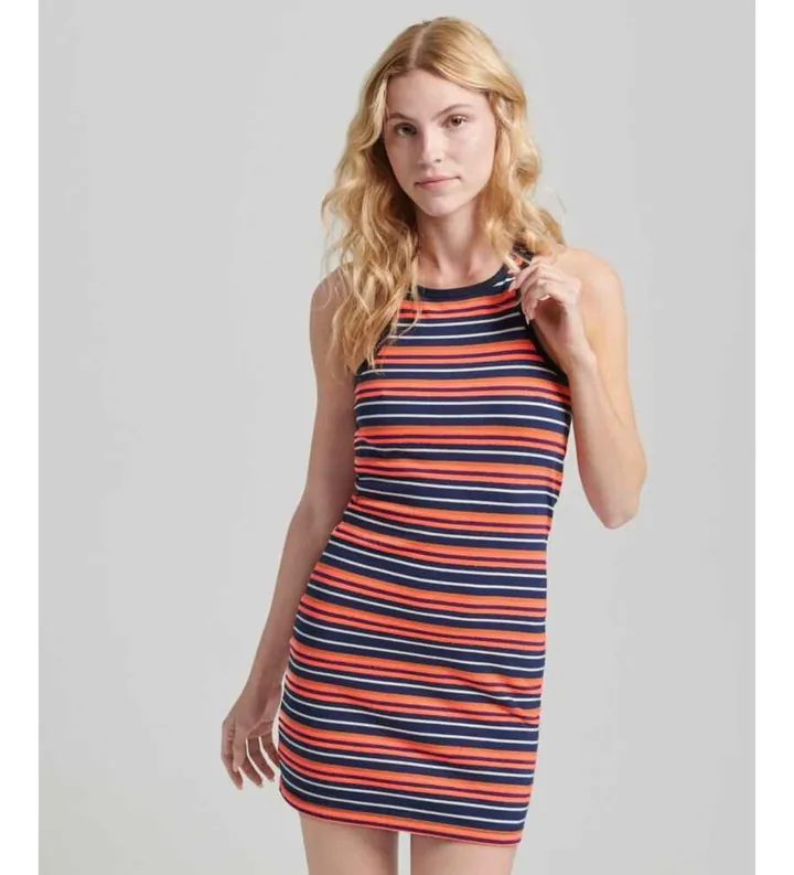 Superdry para mujer. W8011412A Vestido logotipo Vintage Stripe Racer multicolor (L), Casual, Algodón, Sin mangas / Tirantes