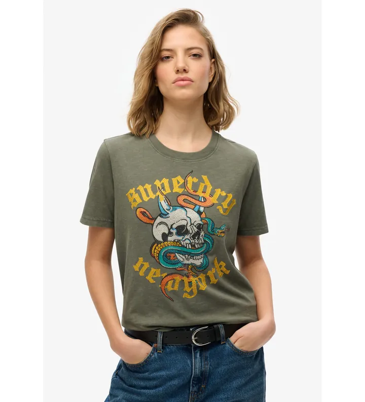 Superdry para mujer. W1011607A Camiseta de corte relajado con motivo de tatuaje Neo Trad verde (L), Casual, Algodón, Manga corta