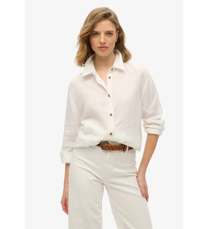 Superdry para mujer. W4010463A Camisa informal de lino con corte boyfriend blanco (M), Casual, Manga larga