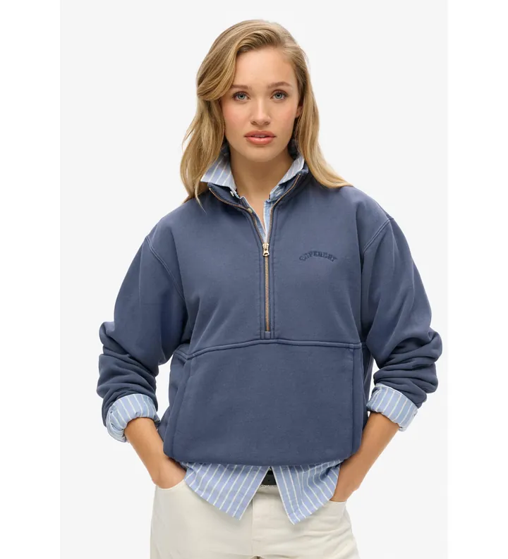 Superdry para mujer. W2012312A Sudadera con media cremallera y logotipo esencial azul (L), Casual, Algodón