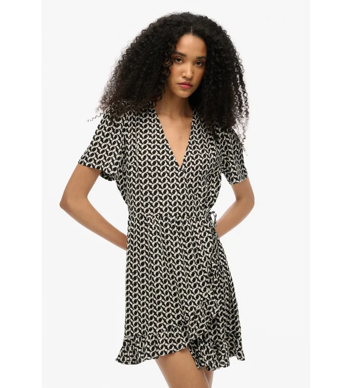 Superdry para mujer. W8011877A Vestido Wrap negro (L), Casual, Poliéster, Manga corta