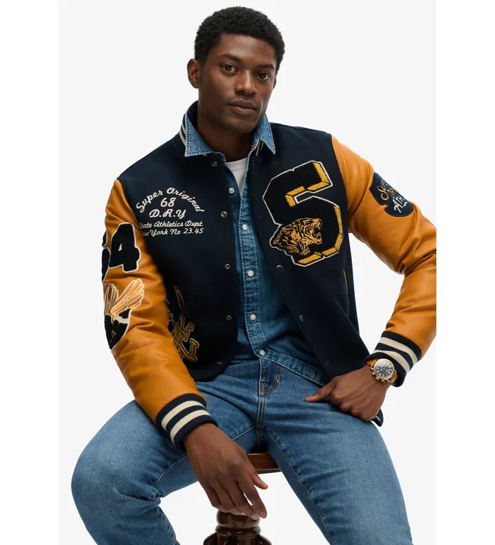 Superdry para hombre. M5012183A Chaqueta Vintage Patched Varsity mairno (L), Casual, Lana, Marino