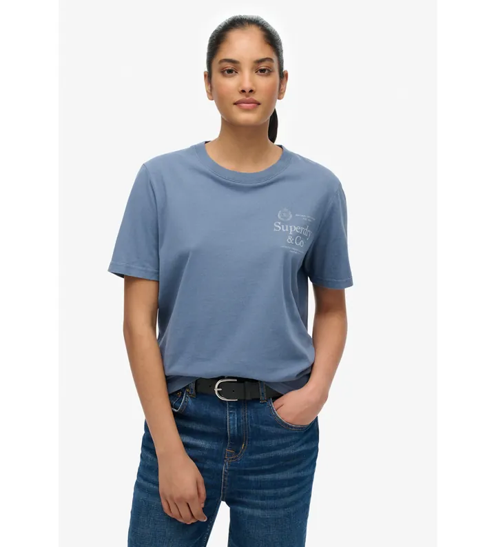 Superdry para mujer. W1011853A Camiseta Luxe azul (L), Casual, Algodón, Manga corta
