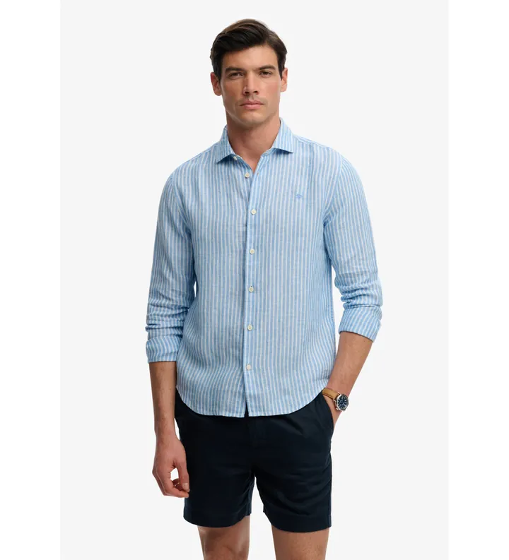Superdry para hombre. M4011103A Camisa Riviera Lino azul (L), Casual, Manga larga