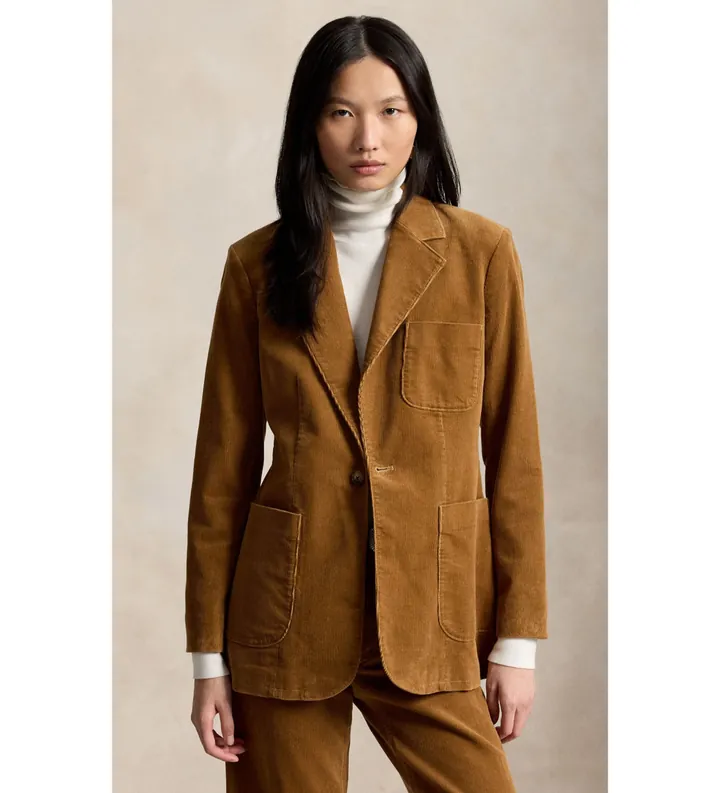 Polo Ralph Lauren para mujer. 211B17221002 Blazer de pana de botonadura sencilla beige (36), Casual, Algodón