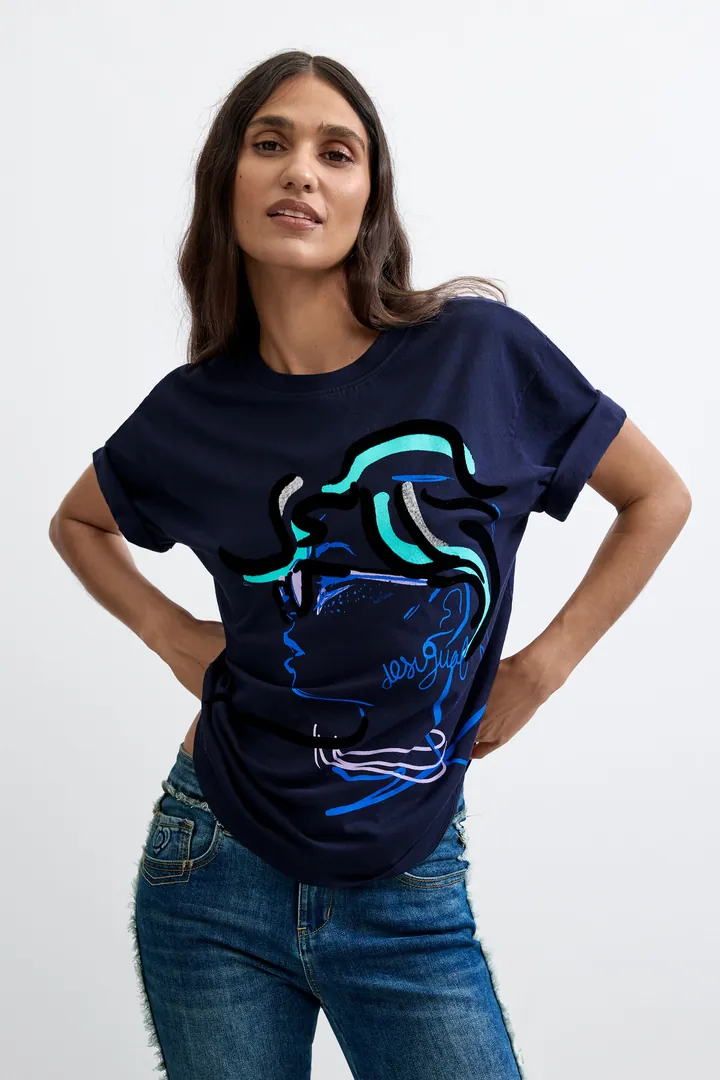 Desigual, Camiseta Estampada 100% Algodón, Mujer, Algodon, Azul, L