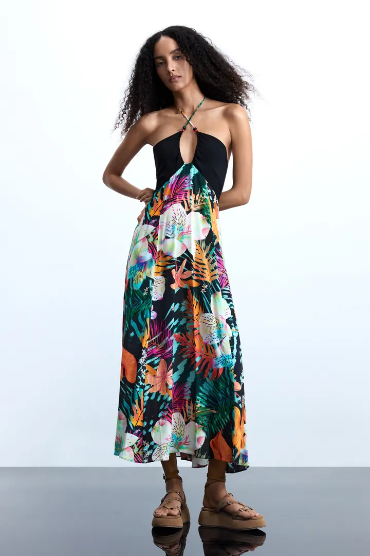 Desigual, Vestido largo tropical, Mujer, Viscosa, Negro, L