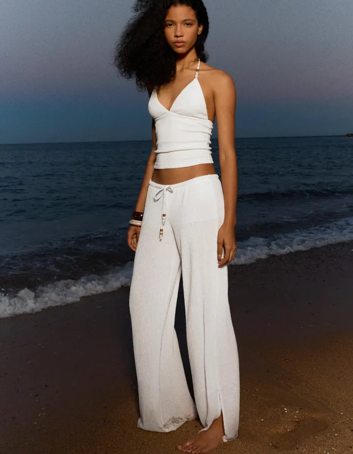 Bershka Pantalón Wide Leg Cintura Elástica Mujer L Crudo