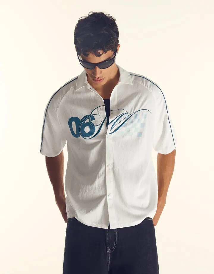 Bershka Camisa Manga Corta Racing Hombre L Blanco