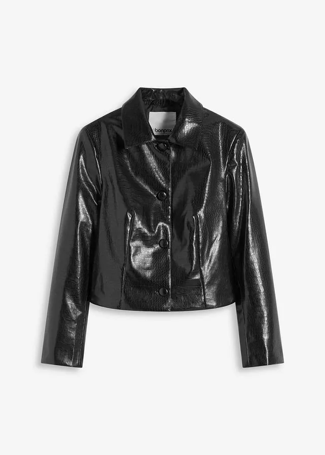 Chaqueta corta de piel sintética con acabado de cocodrilo brillante
