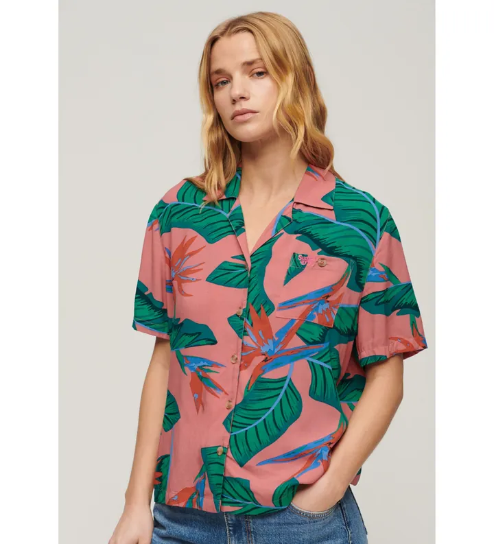 Superdry para mujer. W4010419A Camisa Beach Resort rosa (XS), Casual, Beachwear, Viscosa, Manga corta