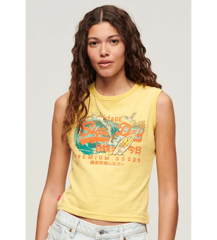 Superdry para mujer. W6011884A Camiseta ajustada con logotipo LA Vintage amarillo (L), Casual, Algodón, Sin mangas / Tirantes