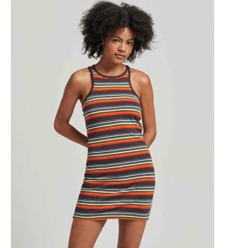 Superdry para mujer. W8011412A Vestido logotipo Vintage Stripe Racer multicolor (L), Casual, Algodón, Sin mangas / Tirantes