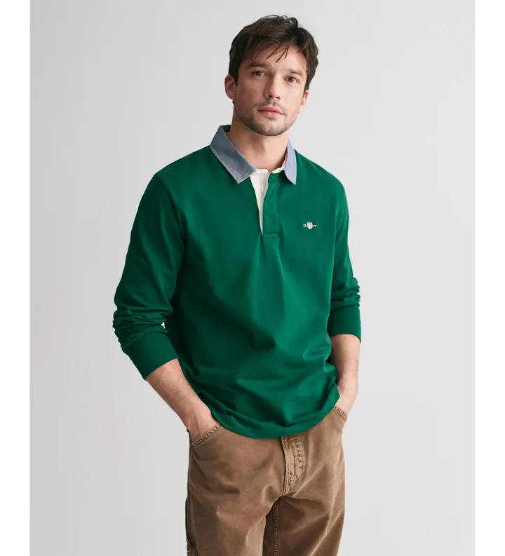 Gant para hombre. 2004082 Polo de cambray verde (3XL), Casual, Algodón, Manga larga