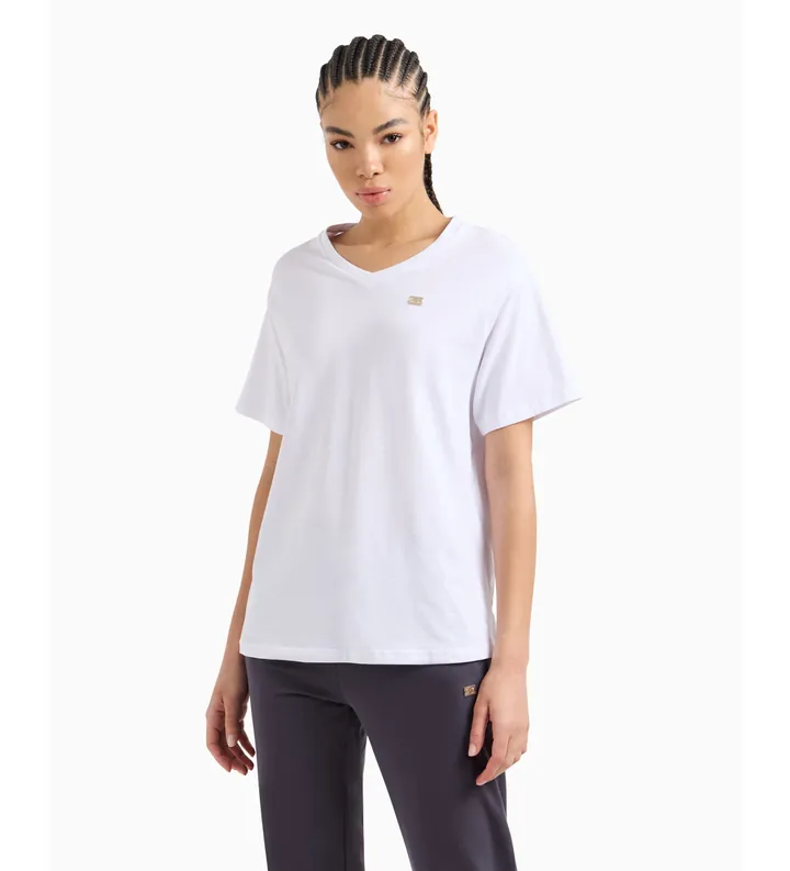 EA7 para mujer. 7W000029_AF10373 Camiseta Core Lady de punto de algodón elástico con cuello de pico blanco (L), Casual, Deportivo, Multidepo