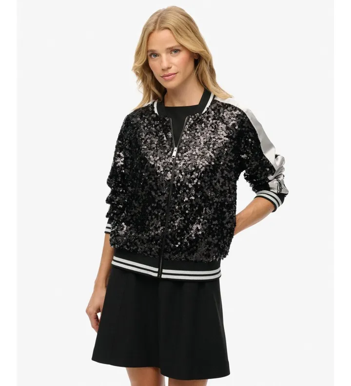 Superdry para mujer. W5011968A Chaqueta Suikajan de Lentejuelas negro (L), Casual, Poliéster