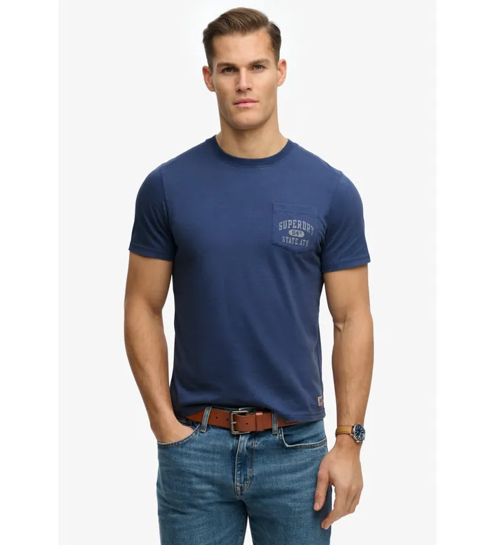 Superdry para hombre. M1012368A Camiseta Vintage Pocket marino (L), Casual, Algodón, Manga corta