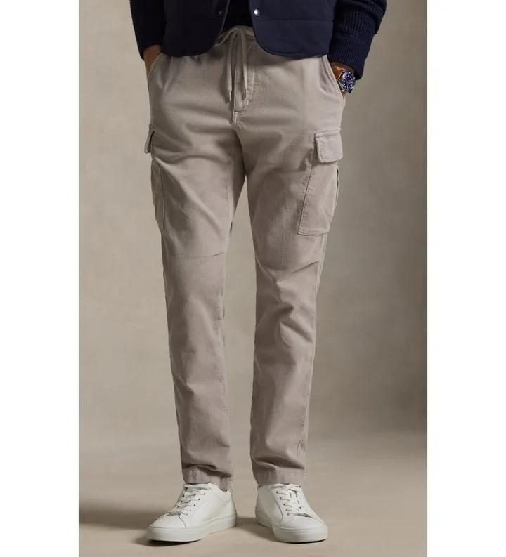 Polo Ralph Lauren para hombre. 710P03051002 Pantalón cargo de pana elástica Slim Fit gris (40/34), Casual, Algodón