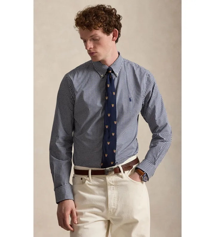 Polo Ralph Lauren para hombre. 710929347500 Camisa de popelina elástica con cuadros marino (L), Casual, Algodón, Manga larga