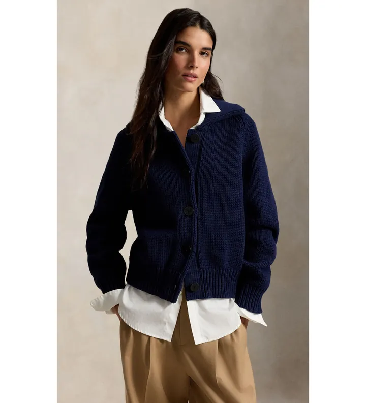 Polo Ralph Lauren para mujer. 211B17759001 Cárdigan de mezcla de algodón marino (L), Casual