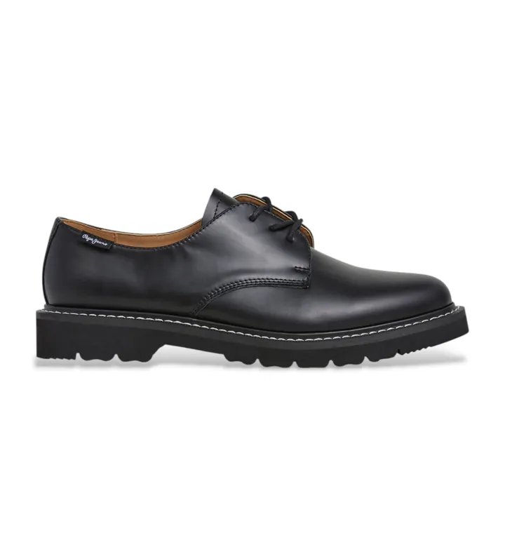 Pepe Jeans para hombre. PMS100002 Zapatos de Piel Tom Brit negro (42), Plano, Cordones, Casual, Clásico