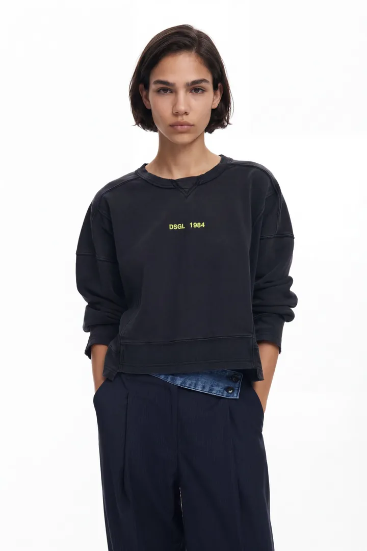 Desigual, Sudadera efecto lavado, Algodon, Negro, L