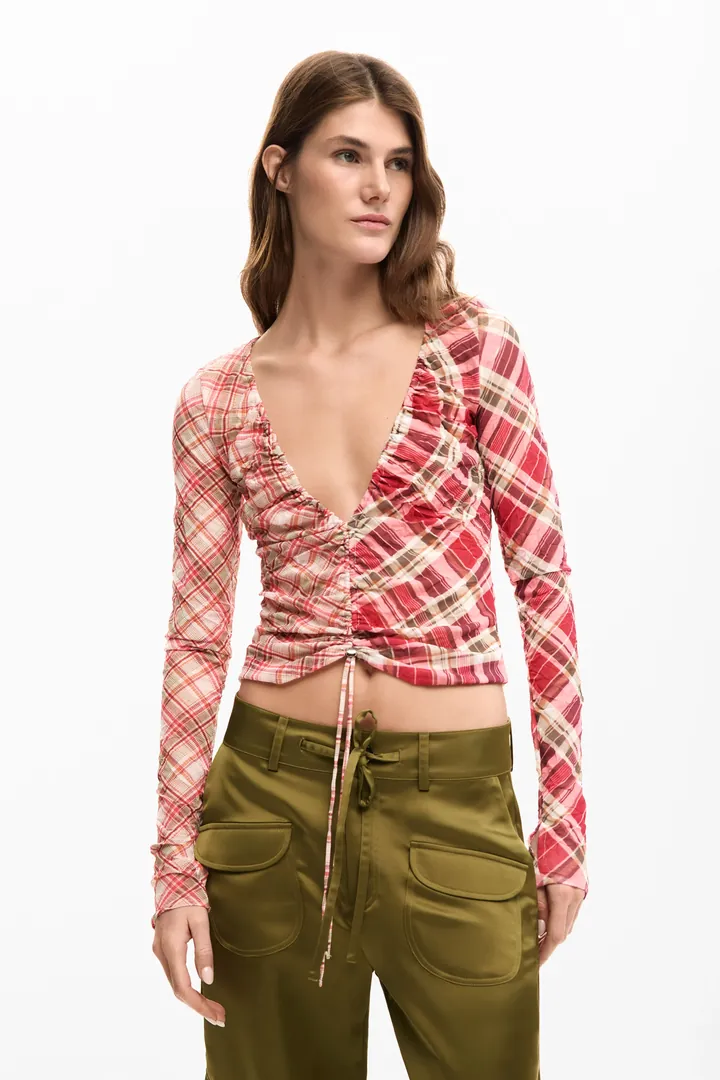 Desigual, Camiseta fruncido escote, Mujer, Poliester, Rojo, L