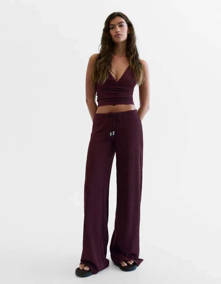 Bershka Pantalón Wide Leg Cintura Elástica Mujer L Morado